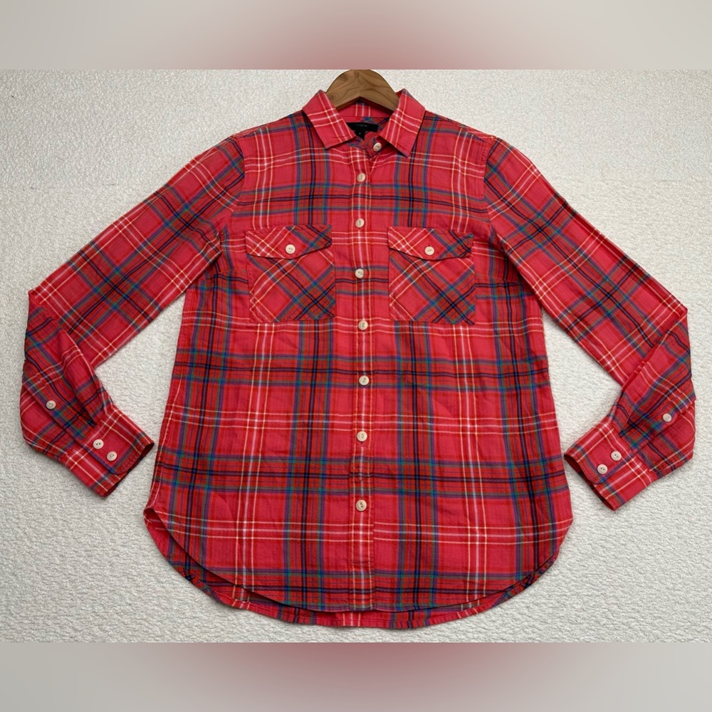 J. Crew Women’s Long Sleeve Flannel Button Down Shirt Size 2 Red Plaid - Picture 1 of 7